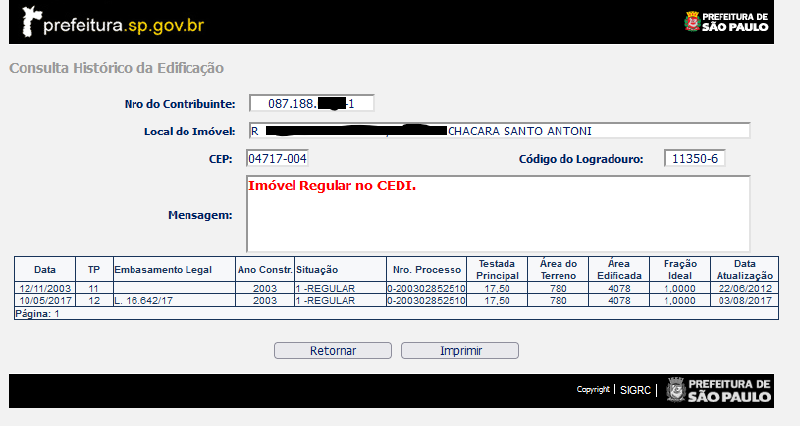 Consulta histórico do imóvel
