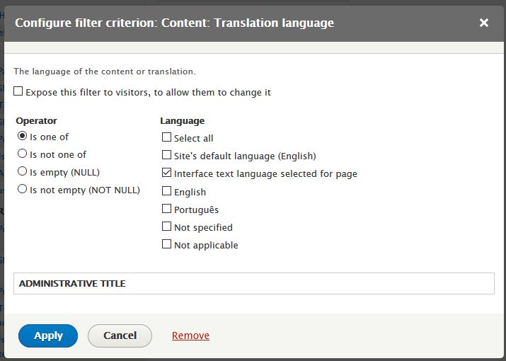 Configuring a filter for the language