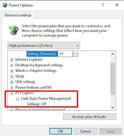 Disable PCI Express Link State Power Management