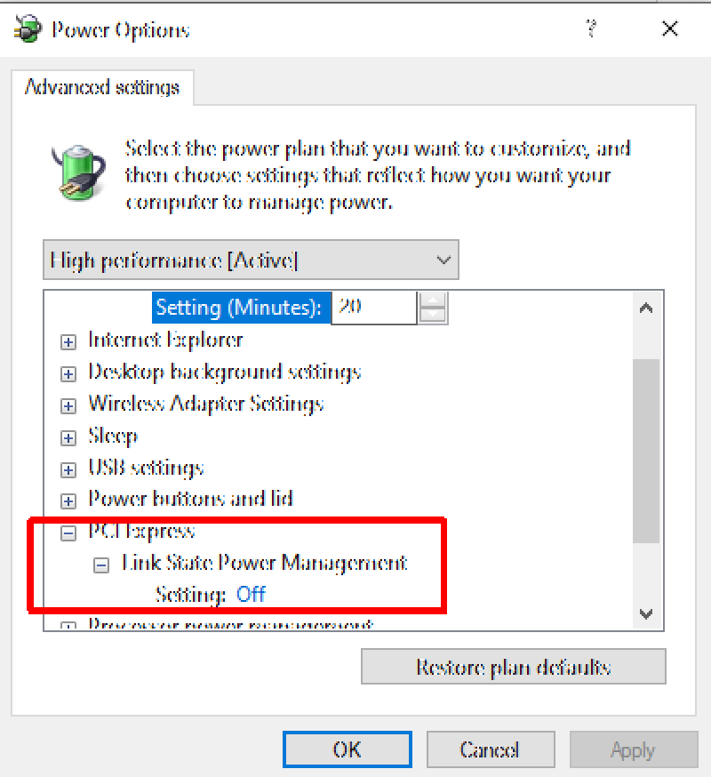 Disable PCI Express Link State Power Management