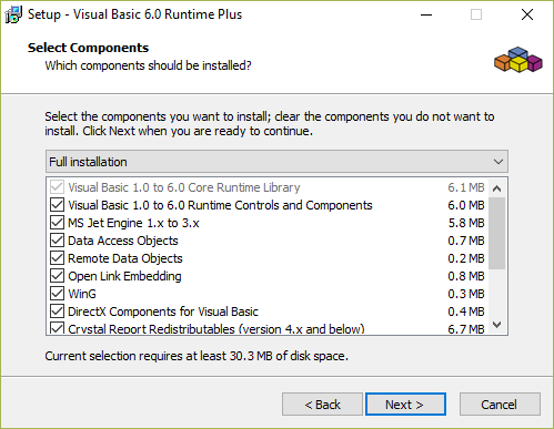 Select all options for the VB Runtime Plus installer