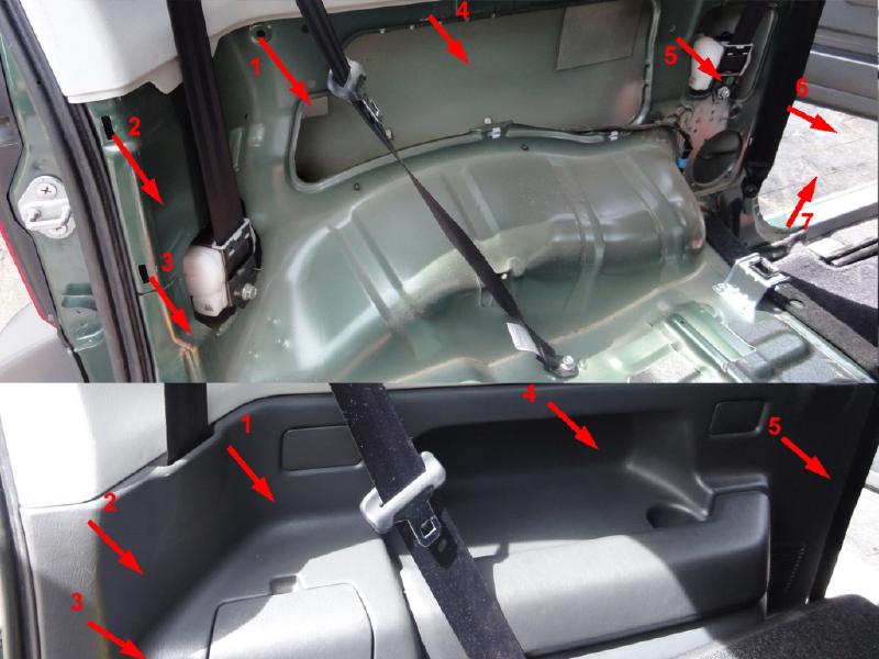The side panel is fixed using pressure clips. To realese it you&rsquo;ll need to pull out following the numbered order indicated in the photo. Be careful with the part that is close to the doorway. Don&rsquo;t use any tools, they can damage the panel. After the panel was removed, some clips may be stuck in the car body. Take them out and place in the trim.