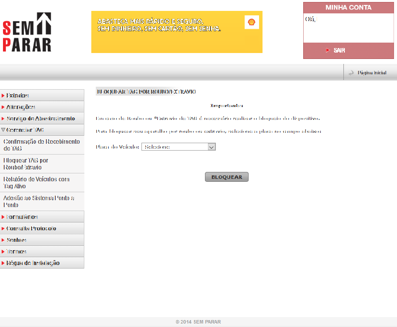Sem Parar - Gerenciar Tag (menu esquerdo)