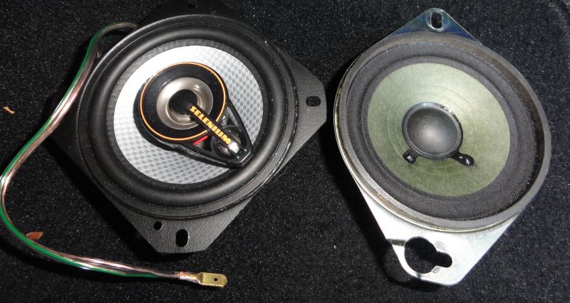 Comparison between the original and the new speakers. You may need to enlarge the diameter of the hole on the speaker for the OEM screw.