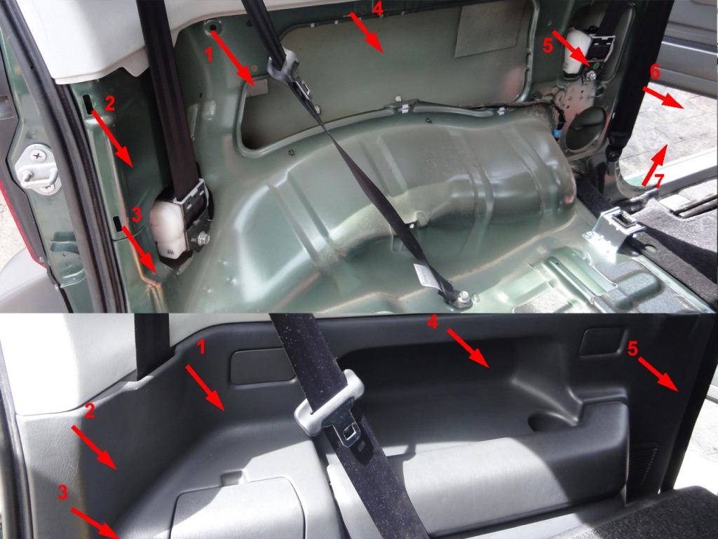 The side panel is fixed using pressure clips. To realese it you'll need to pull out following the numbered order indicated in the photo. Be careful with the part that is close to the doorway. Don't use any tools, they can damage the panel. After the panel was removed, some clips may be stuck in the car body. Take them out and place in the trim.